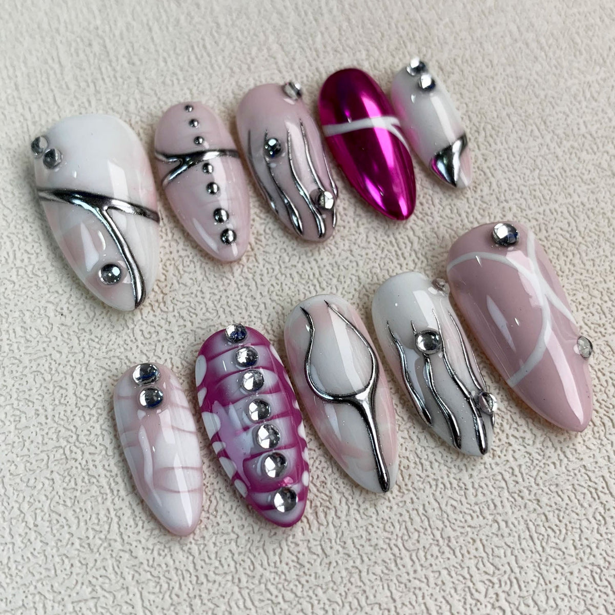 Light Pink Press On Nails, Y2K Silver Press On Nails