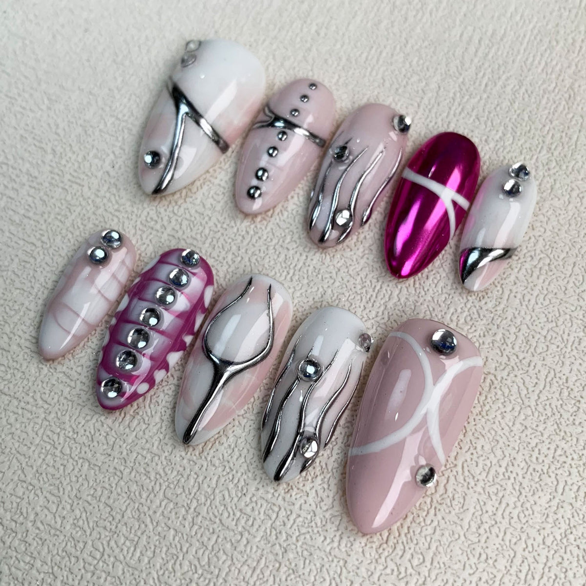 Light Pink Press On Nails, Y2K Silver Press On Nails