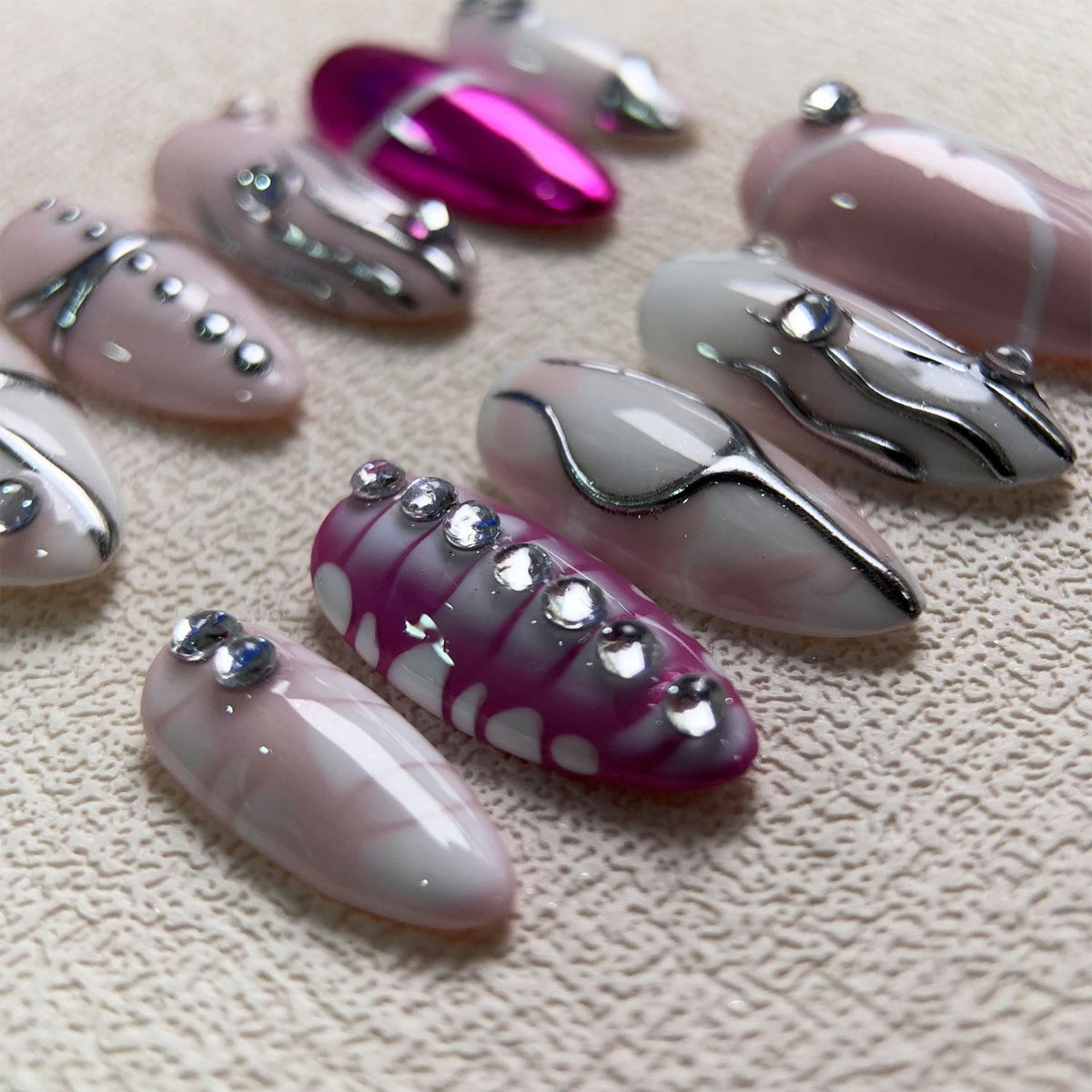 Light Pink Press On Nails, Y2K Silver Press On Nails