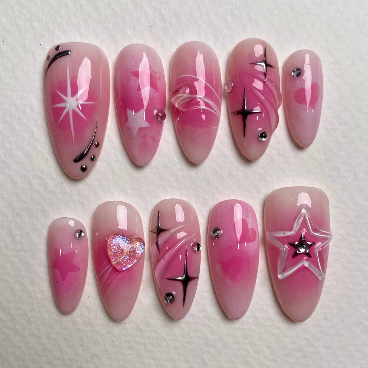 Stargirl Blush Pink Heart Star Press-On Nails, Chrome Sparkle Cute Fake Nails
