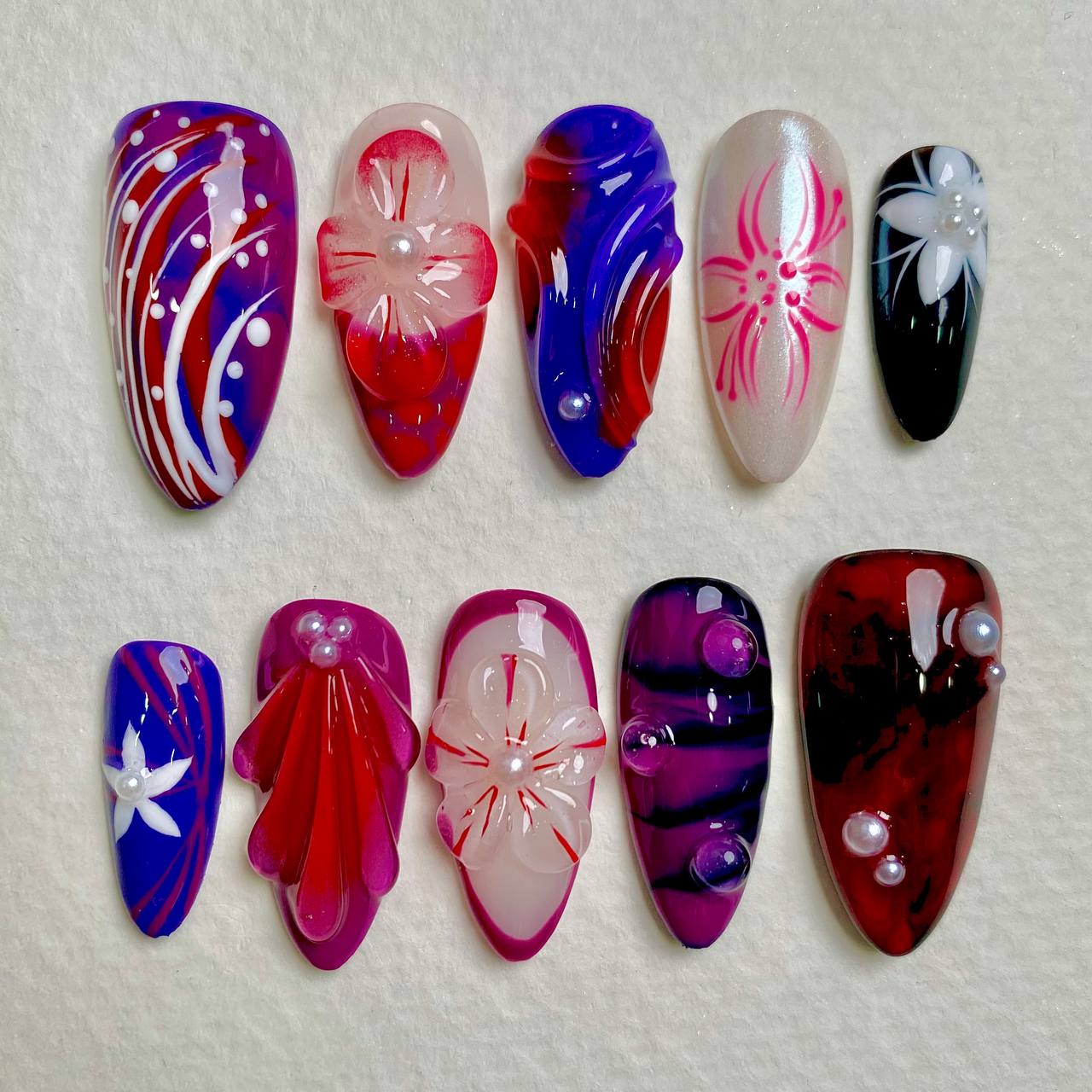 Electric Petal Shock Pop Art Press-On Nails, Red & Blue 3D Flower Fake Nails