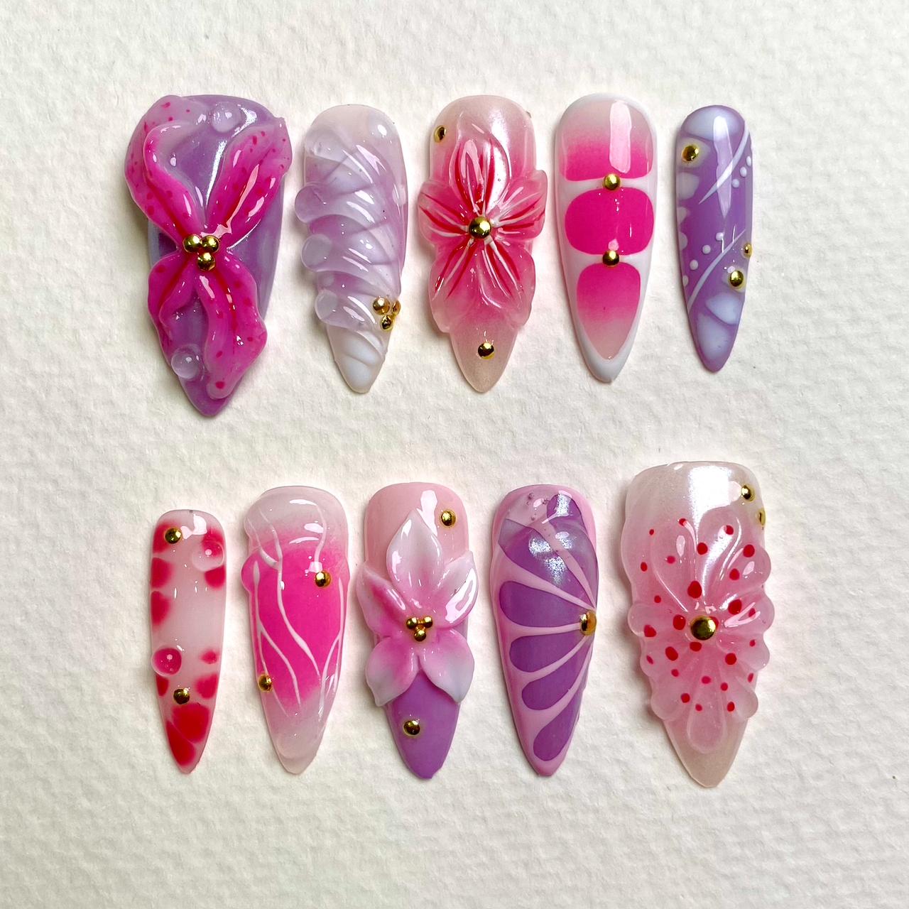 Lollipop Bloom Purple Pink Press-On Nails, 3D Bow & Flower Cute Fake Nails