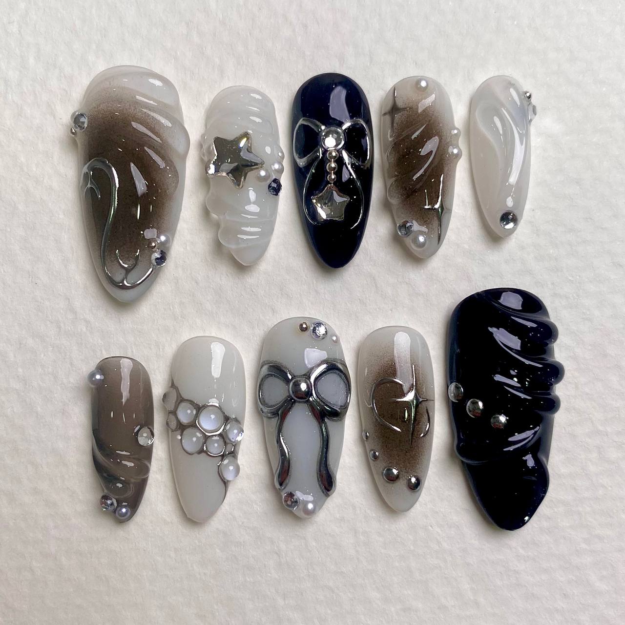 Moonshadow Starry Grey Ribbon Press-On Nails, Black & Silver 3D Gothic Fake Nails