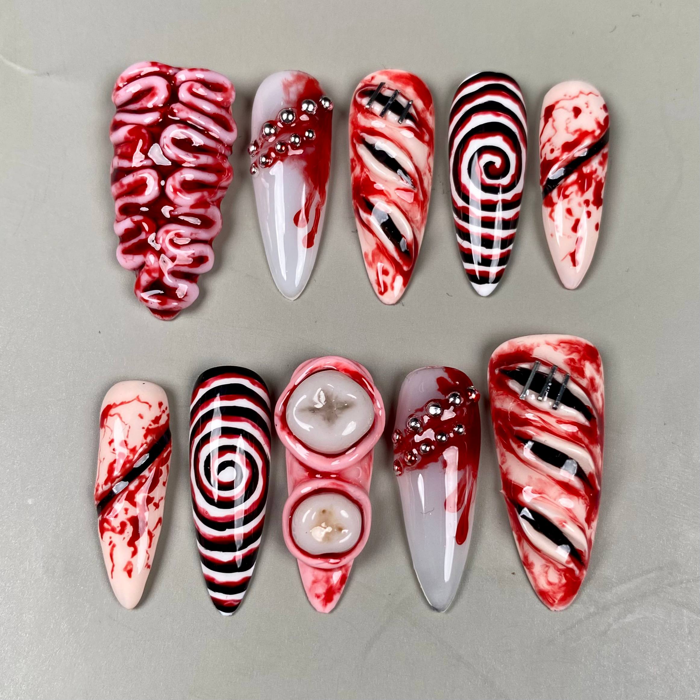 Horror Halloween Press-On Nails – Bloody Teeth Brain Gore Fake Nails