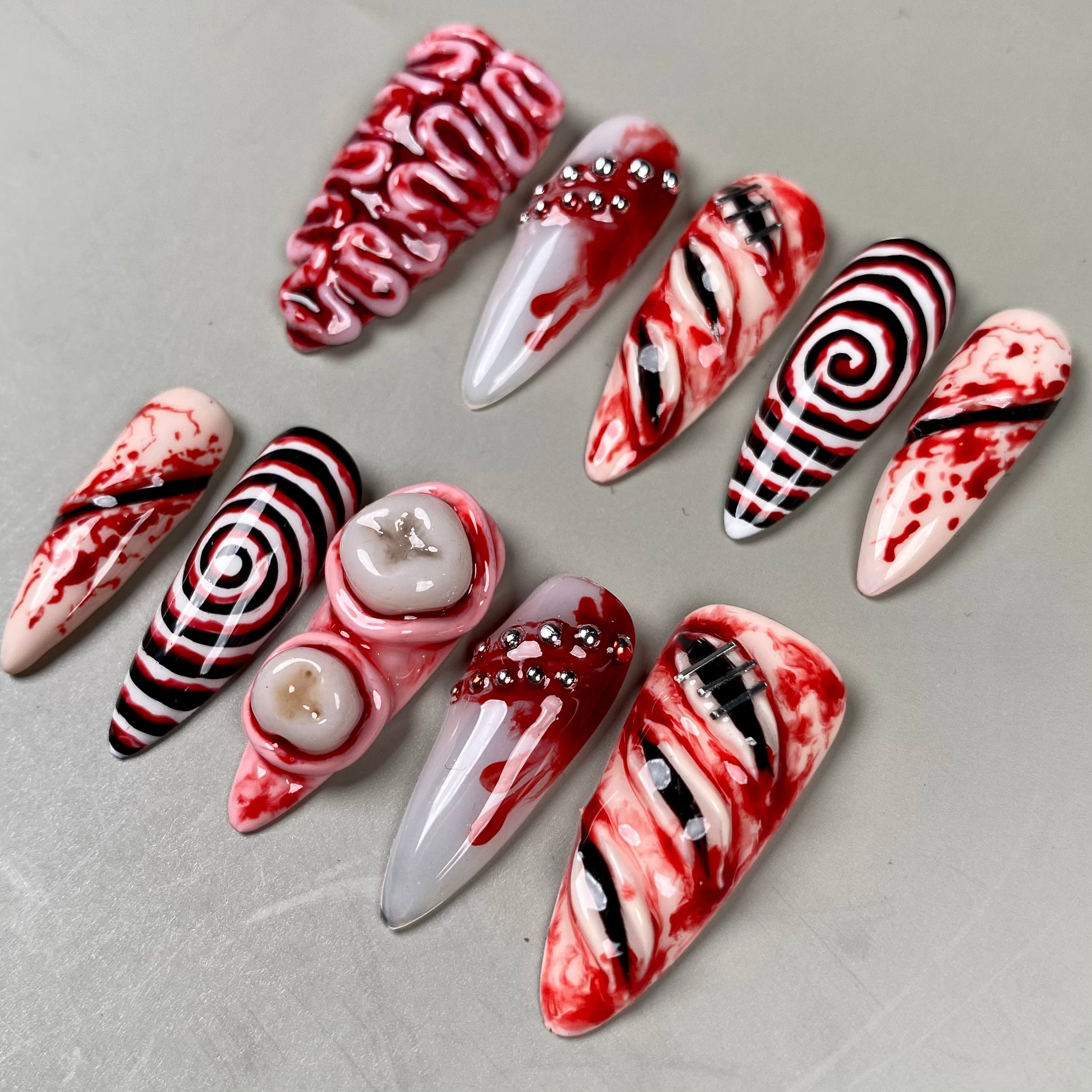 Horror Halloween Press-On Nails – Bloody Teeth Brain Gore Fake Nails