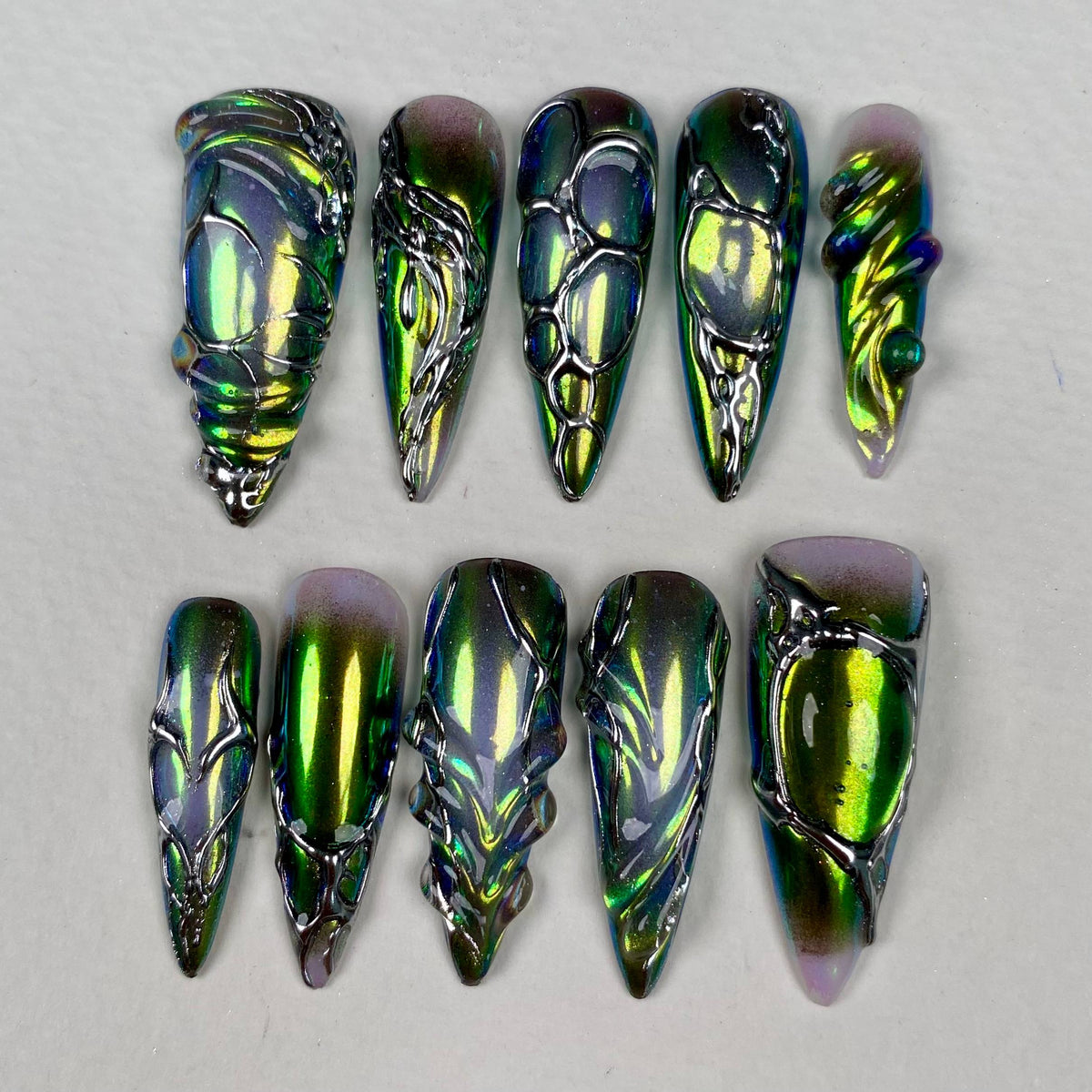 Dark Green Chrome Y2K Press-On Nails – Alien Cyber Metallic Fake Nails