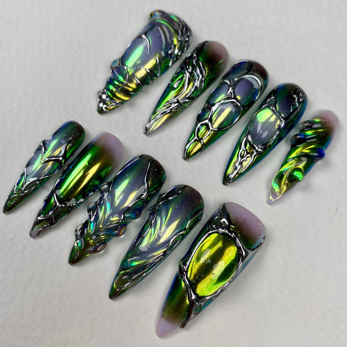 Dark Green Chrome Y2K Press-On Nails – Alien Cyber Metallic Fake Nails