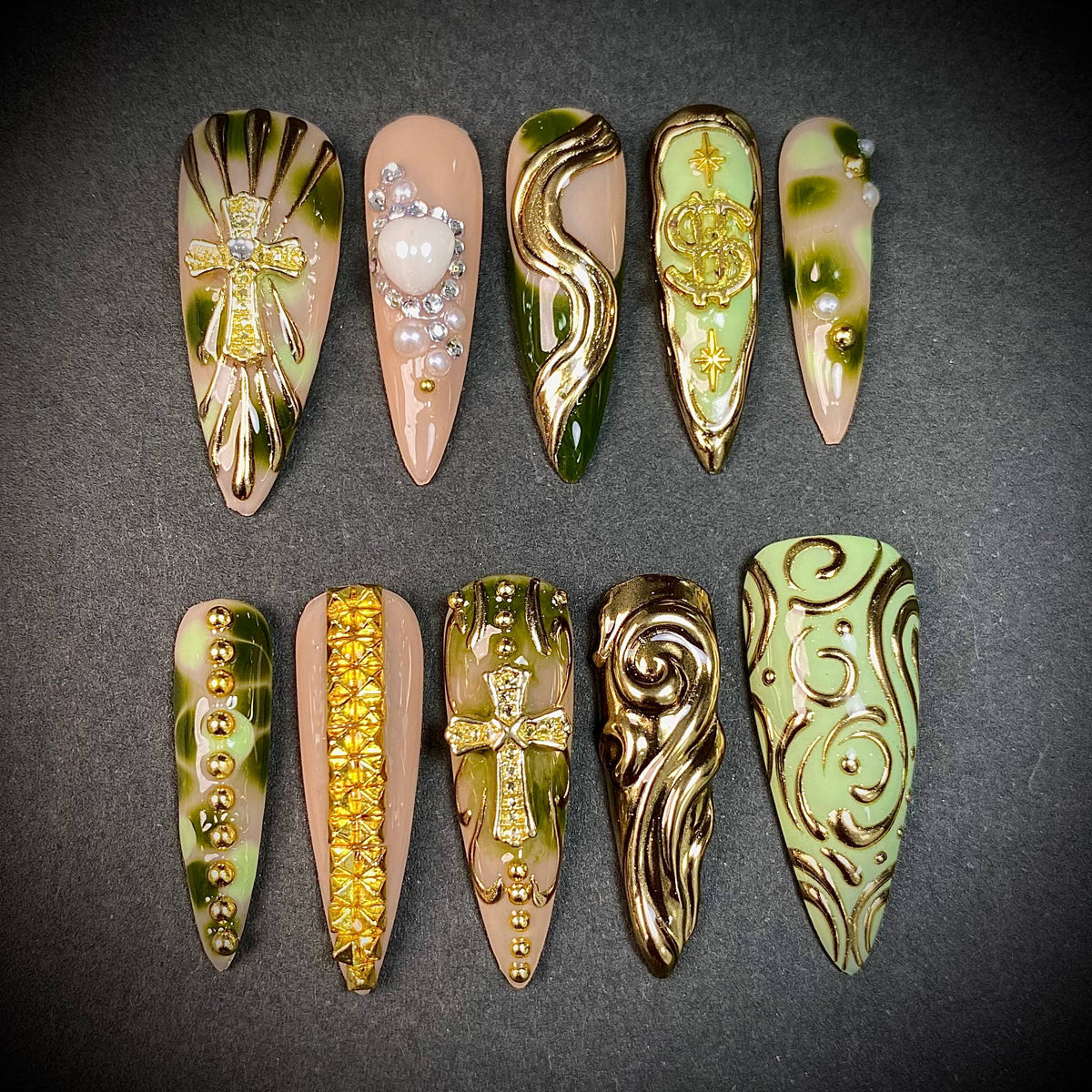 Olive Green Gold Chrome Gothic Press-On Nails – Luxury Cross Y2K Fake Nails