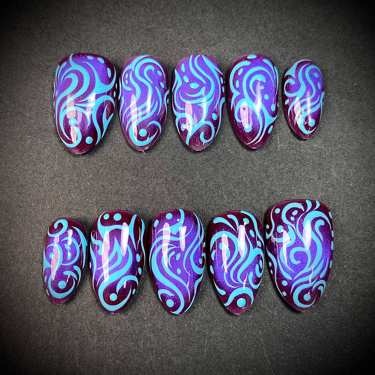 Purple Blue Swirl Press-On Nails – Y2K Tribal Abstract Handmade Fake Nails