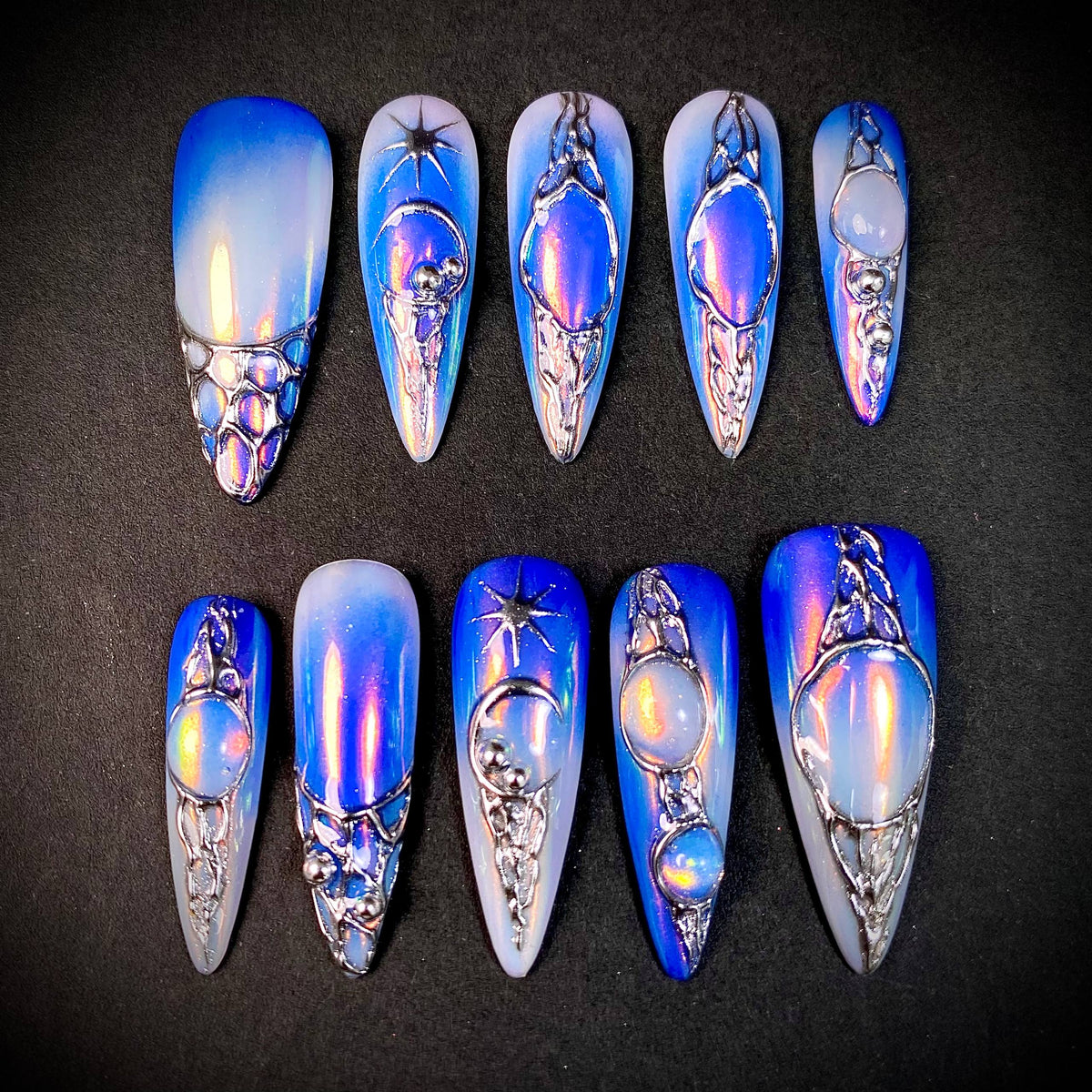 Blue Aura Chrome Press-On Nails – Silver 3D Futuristic Y2K Celestial Fake Nails