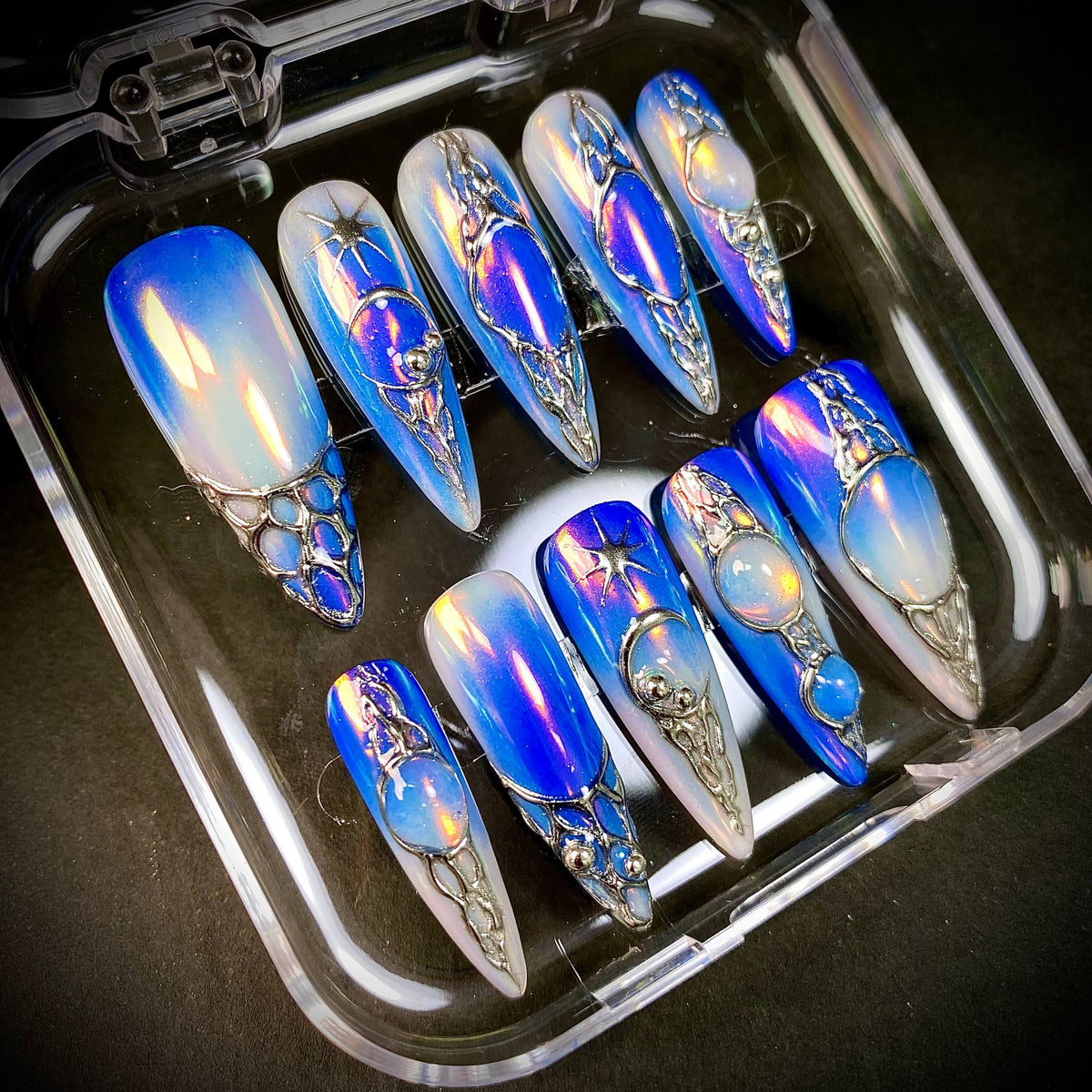 Blue Aura Chrome Press-On Nails – Silver 3D Futuristic Y2K Celestial Fake Nails