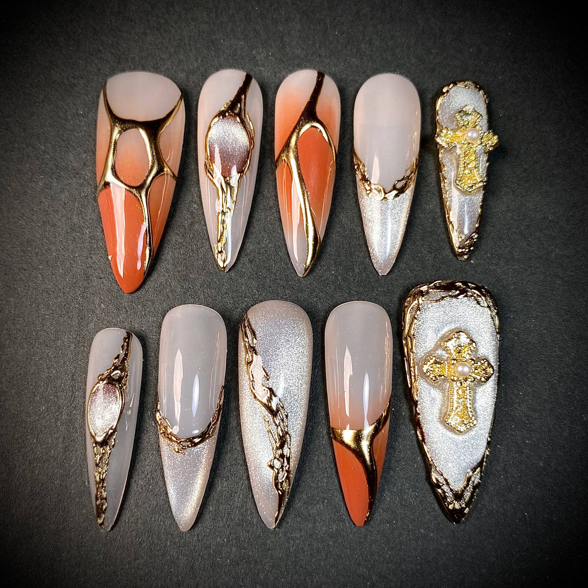 Gold Chrome Cross Press-On Nails – Orange Silver 3D Gothic Luxury Fake Nails