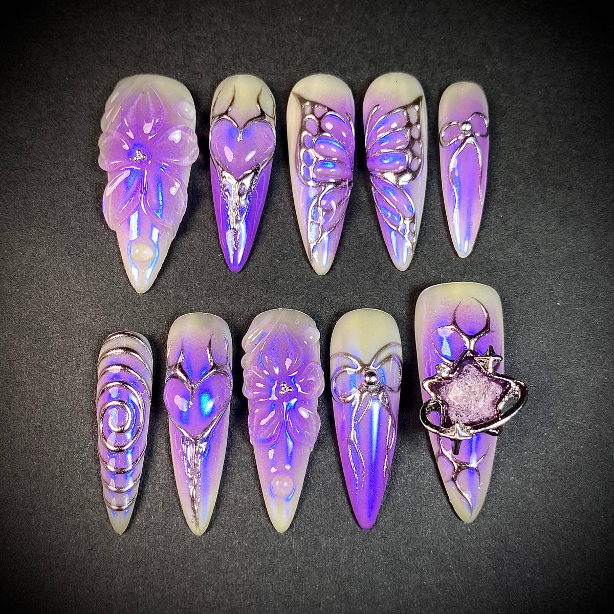 Purple Chrome 3D Press-On Nails – Heart Flower Butterfly Celestial Y2K Fake Nails