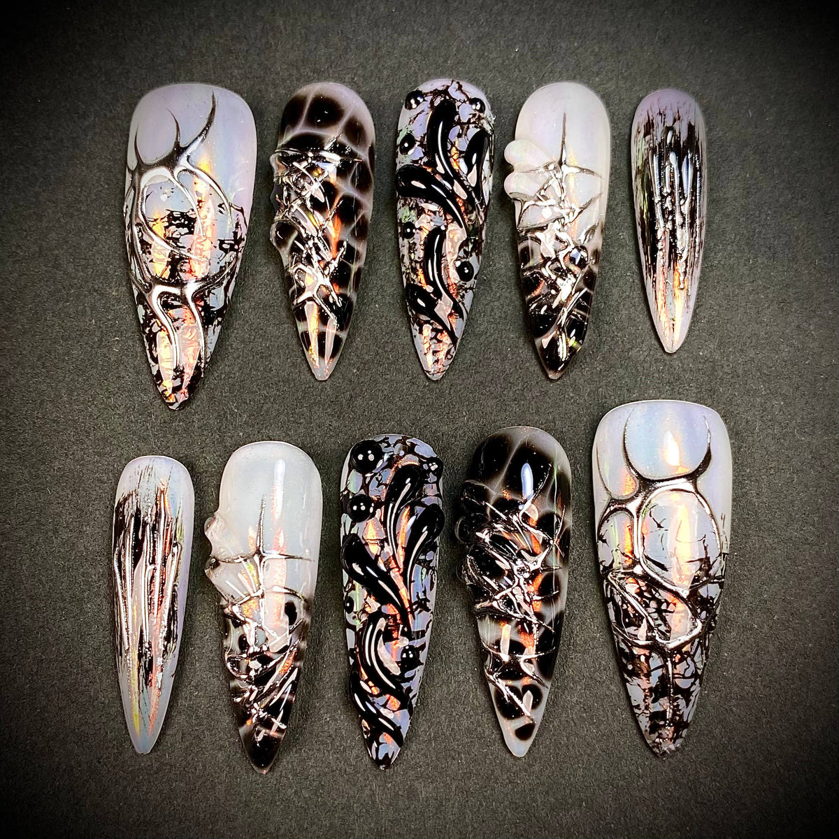 Black Silver Chrome Press-On Nails – Abstract 3D Dark Y2K Futuristic Fake Nails