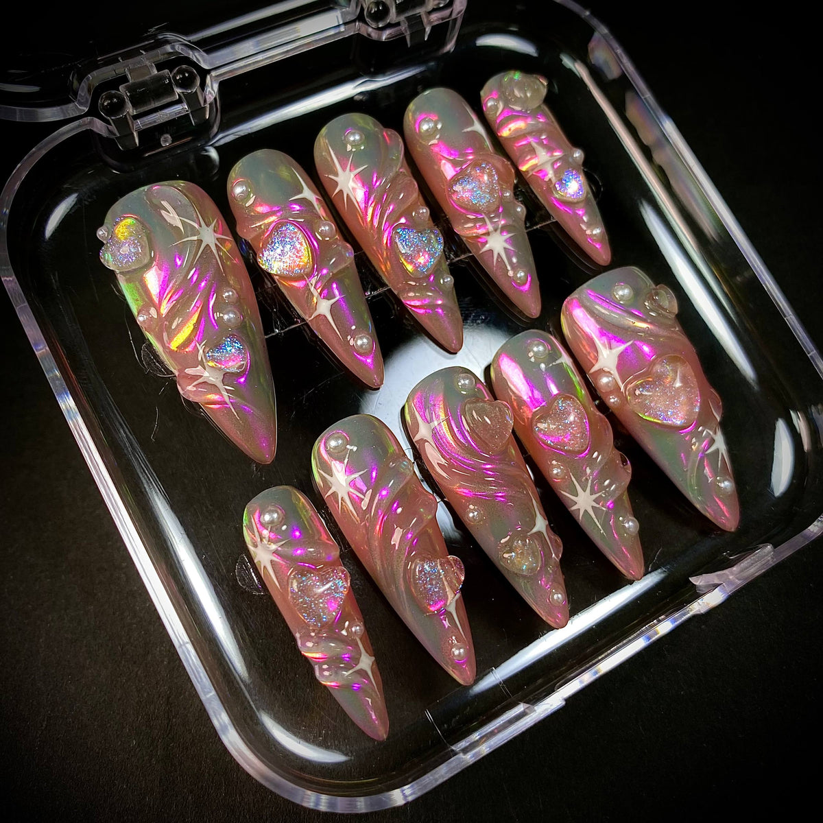 Iridescent Pink Heart Press-On Nails – Pearl Star 3D Chrome Y2K Fake Nails
