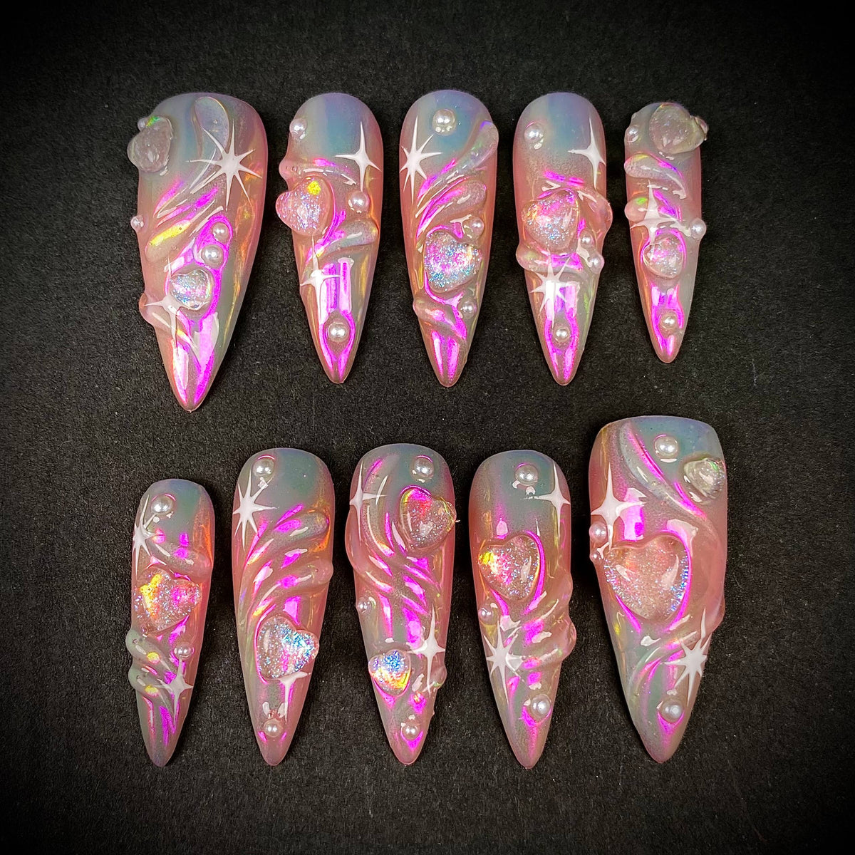 Iridescent Pink Heart Press-On Nails – Pearl Star 3D Chrome Y2K Fake Nails