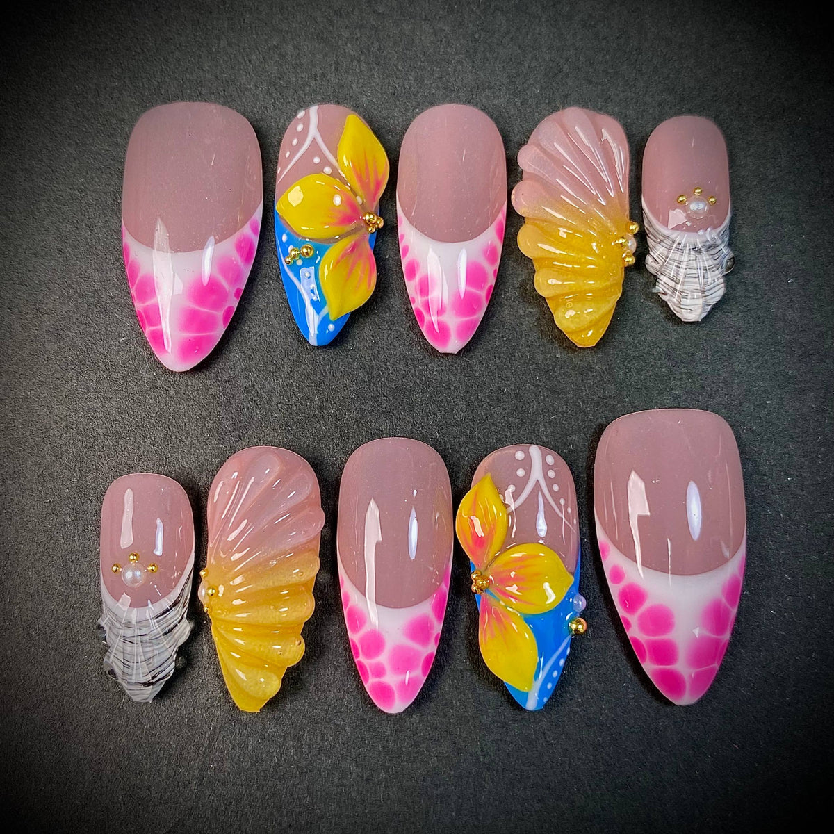 Tropical Butterfly French Press-On Nails – Pink Yellow 3D Summer Fake Nails