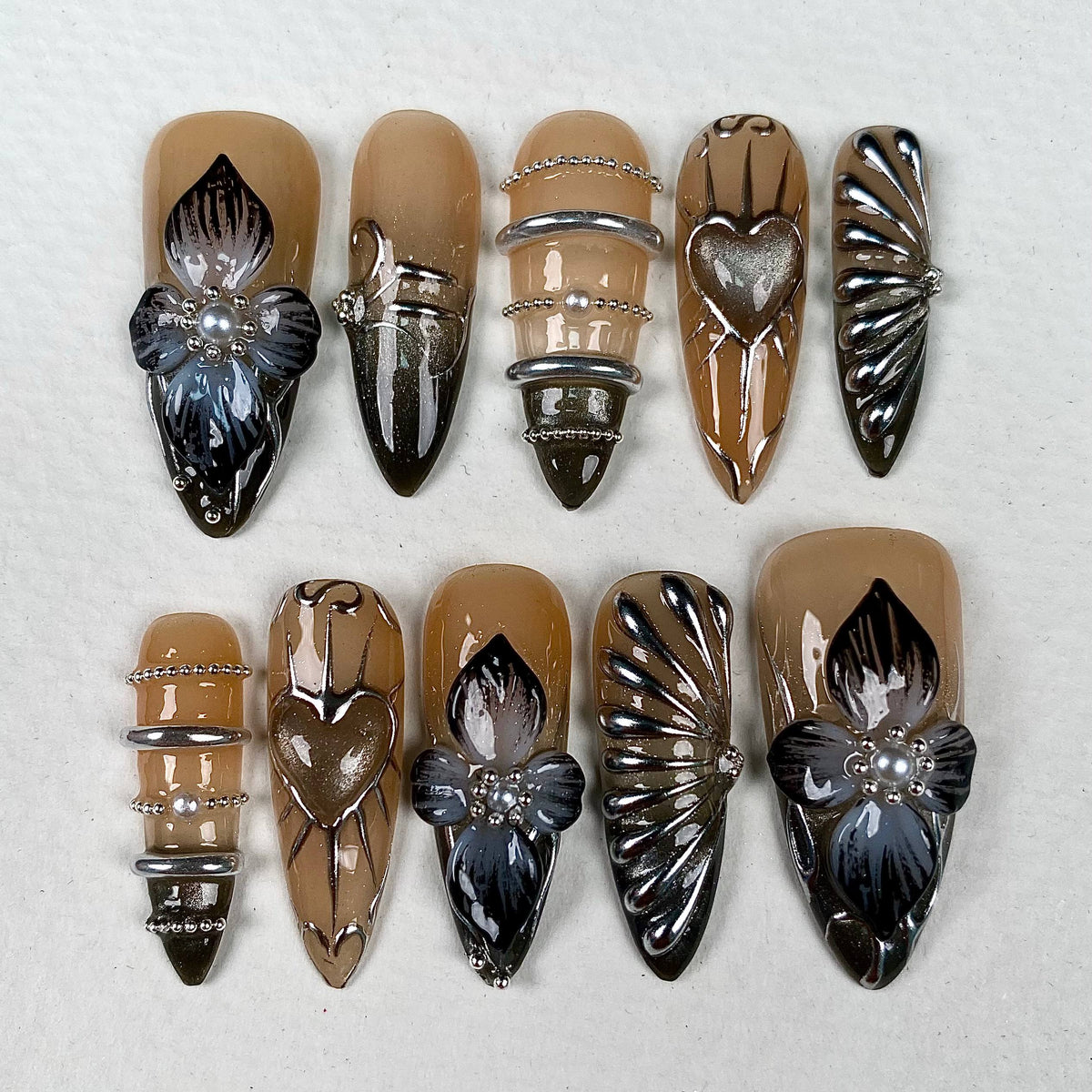 Dark Silver 3D Flower Press-On Nails – Black Chrome Heart Gothic Y2K Fake Nails