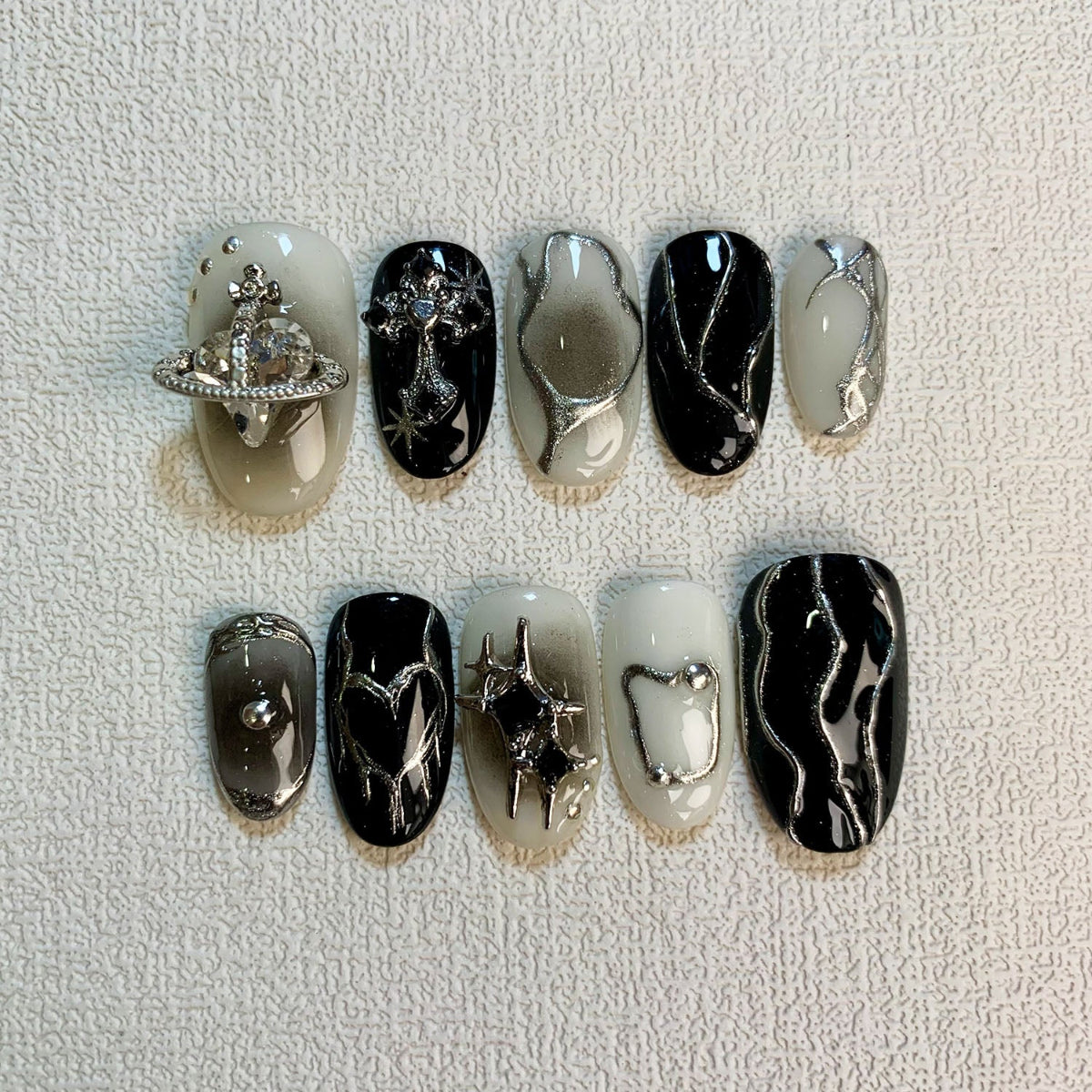 Dark Press On Nails, Gothic Punk Rock Black Cross Nails, Goth Y2K Press On Nails