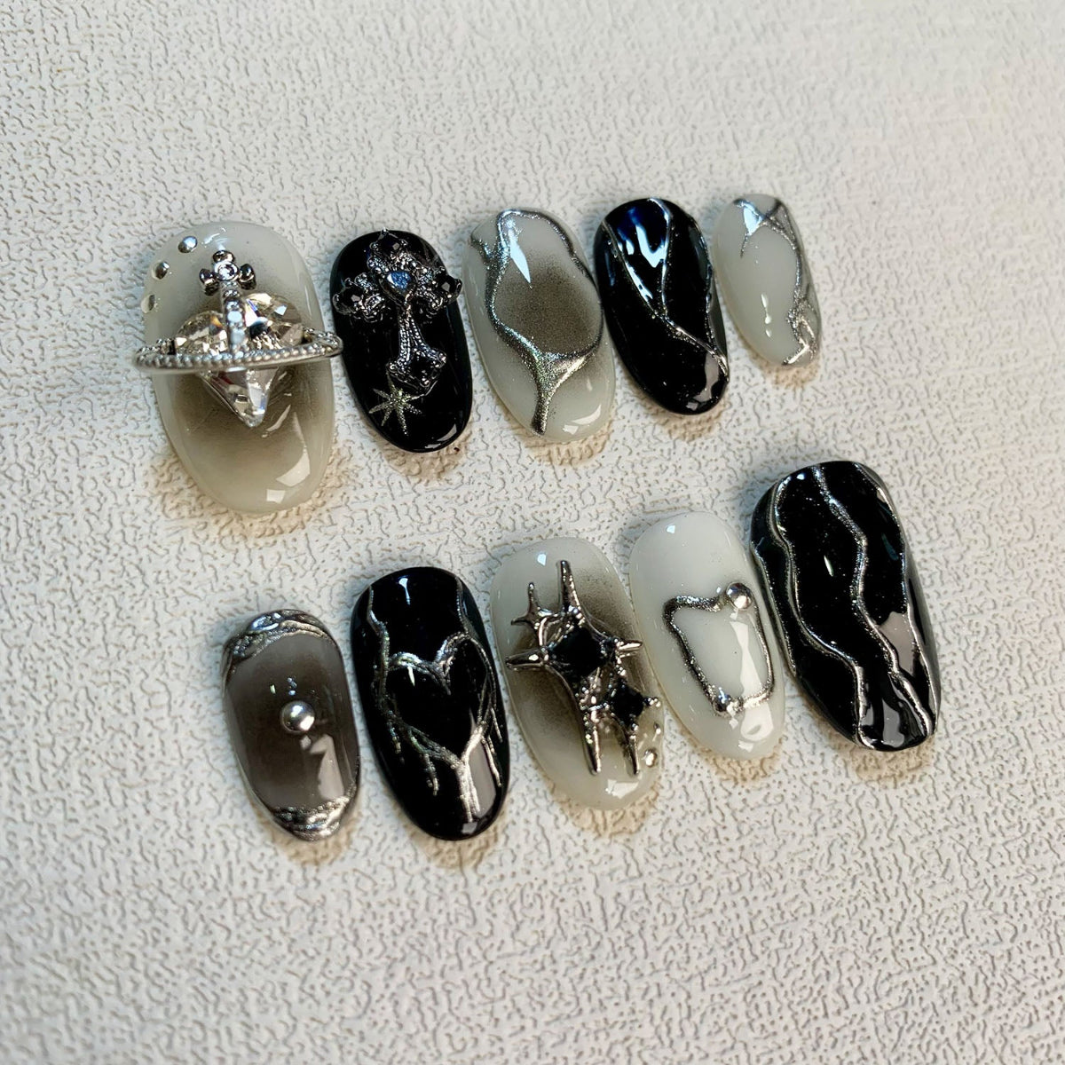 Dark Press On Nails, Gothic Punk Rock Black Cross Nails, Goth Y2K Press On Nails